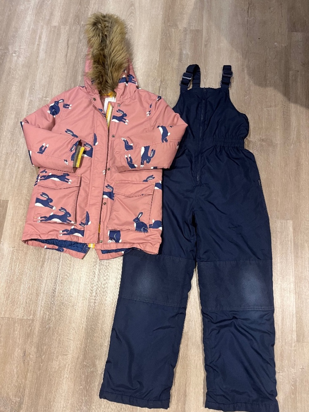 Mini Boden Girls Pink Rabbit Winter Parka & navy ski pants